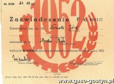1022.Zaswiadczenie obowiazkowej dostawy zwierzat rzeznych (1952 r.)