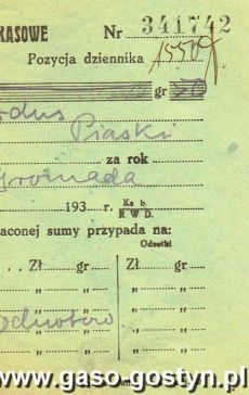 1052.Pokwitowanie kasowe Urzedu Skarbowego w Gostyniu (12 listopada 1936 r.)