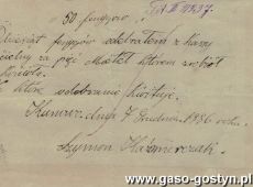 1077.Pokwitowanie odbioru przez Szymona Kazmierczaka 50 fenigow z Kasy Koscielnej w Kunowie za wykonanie pieciu miotel (Kunowo, 7 grudnia 1886 r.)