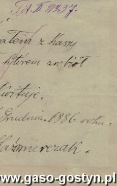 1077.Pokwitowanie odbioru przez Szymona Kazmierczaka 50 fenigow z Kasy Koscielnej w Kunowie za wykonanie pieciu miotel (Kunowo, 7 grudnia 1886 r.)