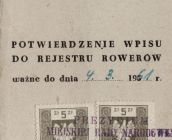 108. Potwierdzenie wpisu do rejestru rowerow - Gostyn 1958r.