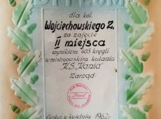 1080.Dyplom dla Zdzislawa Wojciechowskiego za zajecie II miejsca wynikiem 403 kregli w mistrzowskim kulaniu KS Kania Gostyn (1962 r.)