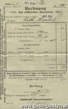 1087.Rachunek wystawiony przez Gazownie Miejska w Gostyniu dla Szpitala Katolickiego (maj 1915 r.)