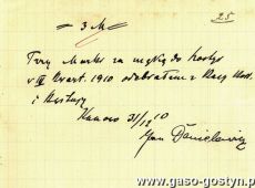 1109.Potwierdzenie odbioru przez Jana Danielewicza 3 marek za make do hostii (Kunowo, 31 grudnia 1910 r.)