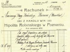 1110. Rachunek wystawiony przez Handel Win Hipolita Robinskiego w Poznaniu dla proboszcza Antoniego Jezierskiego za zamowione wino mszalne wraz z dostawa do Kunowa (31 marca 1910 r.)