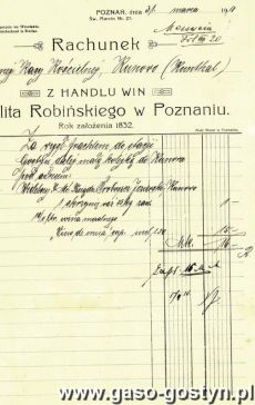 1110. Rachunek wystawiony przez Handel Win Hipolita Robinskiego w Poznaniu dla proboszcza Antoniego Jezierskiego za zamowione wino mszalne wraz z dostawa do Kunowa (31 marca 1910 r.)