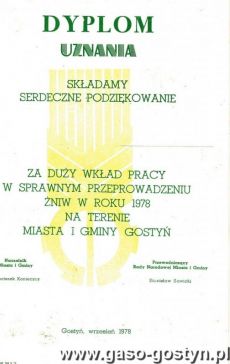 1136.Dyplom uznania za duzy wklad pracy w sprawnym przeprowadzeniu zniw w roku 1978 na terenia miasta i gminy Gostyn