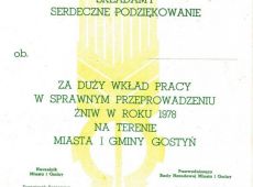 1136.Dyplom uznania za duzy wklad pracy w sprawnym przeprowadzeniu zniw w roku 1978 na terenia miasta i gminy Gostyn