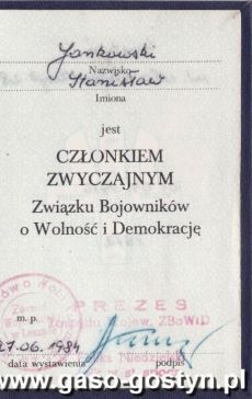 1148.Legitymacja kombatanta Zwiazku Bojownikow o Wolnosc i Demokracje