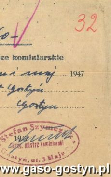 1156.Rachunek za wykonanie uslug kominiarskich przez mistrza komiarskiego Stefana Szymczaka (Gostyn, 1947 r.)