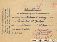 1156.Rachunek za wykonanie uslug kominiarskich przez mistrza komiarskiego Stefana Szymczaka (Gostyn, 1947 r.)