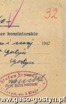 1156.Rachunek za wykonanie uslug kominiarskich przez mistrza komiarskiego Stefana Szymczaka (Gostyn, 1947 r.)