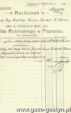 1157.Rachunek za wino mszalne hiszpanskie wystawiony w firmie Hipolita Robinskiego w Poznaniu dl kosciola w Kunowie (30 grudnia 1910 r.)