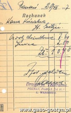 1160.Rachunek za ozdoby choinkowe dla Kasy Koscielnej w Starym Gostyniu wystawiony w Drogerii Teatralnej w Poznaniu (1937 r.)