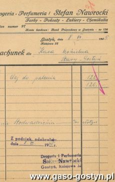 1161.Rachunek za olej dla Kasy Koscielnej w Starym Gostyniu wystawiony w Drogerii-Perfumerii Stefana Nawrockiego w Gostyniu (8 lipca 1945 r.)