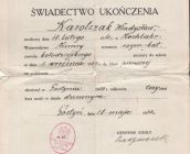 122.Publiczna Szkola Doksztalcajaca Zawodowa w Gostyniu-swiadectwo ukonczenia szkoly w 1930 roku.