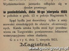 1255.Ogloszenie z Oredownika Urzedowego Powiatu Gostynskiego (1925 r.)