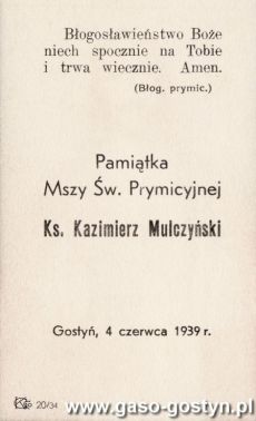 1268.Pamiatka Mszy Swietej Prymicyjnej ksiedza Kazimierza Mulczynskiego (Gostyn, 4 czerwa 1929 r.)