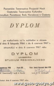 1295.Dyplom uczestnika Studium Regionalnego w Gostyniu (1967 r.)