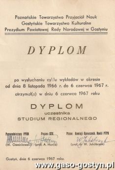 1295.Dyplom uczestnika Studium Regionalnego w Gostyniu (1967 r.)