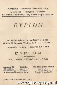 1295.Dyplom uczestnika Studium Regionalnego w Gostyniu (1967 r.)