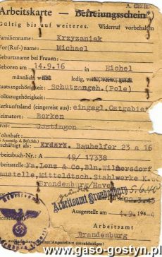 1297.Karta pracy (niem. Arbeitskarte) pochodzacego z Borku Michala Krzyzaniaka  (okres II wojny swiatowej)