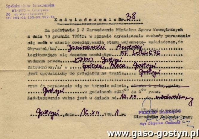 1303.Zaswiadczenie dla Andrzeja Janiszewskiego wystawione 16 grudnia 1981 roku przez prezesa Zarzadu Spoldzielni Mleczarskiej w Gostyniu Zbigniewa Guderskiego