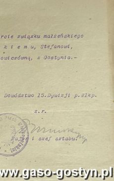 1305.Zezwolenie na zawarcie zwiazku malzenskiego chorazego Stefana Kusnierskiego z Wladyslawa Furmanowiczowna z Gostynia wystawione przez dowodztwo 15. Dywizji Piechoty Wielkopolskiej (Bydgoszcz, 17 wrzesnia 1921 r.)