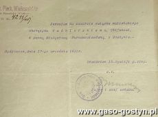 1305.Zezwolenie na zawarcie zwiazku malzenskiego chorazego Stefana Kusnierskiego z Wladyslawa Furmanowiczowna z Gostynia wystawione przez dowodztwo 15. Dywizji Piechoty Wielkopolskiej (Bydgoszcz, 17 wrzesnia 1921 r.)