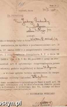 1308.Zawiadomienie z Izby Skarbowej w Poznaniu o przyznaniu zaopatrzenia inwalidzkiego i prawa do renty (30 stycznia 1934 r.)