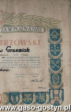 1309.Dyplom mistrza piekarskiego Mieczyslawa Grzesiaka z Bodzewa nadany przez Izbe Rzemieslnicza w Poznaniu (6 stycznia 1962 r.)