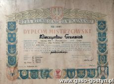 1309.Dyplom mistrza piekarskiego Mieczyslawa Grzesiaka z Bodzewa nadany przez Izbe Rzemieslnicza w Poznaniu (6 stycznia 1962 r.)