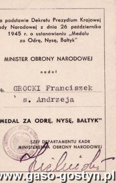 1311.Legitymacja - Medal za Odre, Nyse, Baltyk (1971 r.)