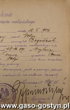 1318.Zezwolenie na zawarcie zwiazku malzenskiego wystawione przez Powiatowa Komende Uzupelnien w Gostyniu (8 pazdziernika 1926 r.)