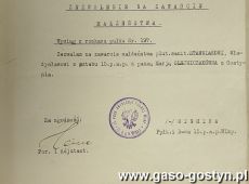 1319.Zezwolenie na zawarcie malzenstwa wystawione przez Dowodztwo 15. Pulku Artylerii Polnej Wielkopolskiej w Bydgoszczy (17 pazdziernika 1921 r.)