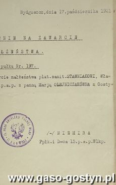 1319.Zezwolenie na zawarcie malzenstwa wystawione przez Dowodztwo 15. Pulku Artylerii Polnej Wielkopolskiej w Bydgoszczy (17 pazdziernika 1921 r.)