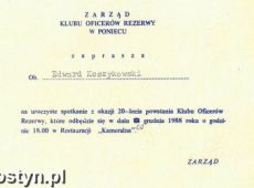 1322. Zaproszenie na 20-lecie Klubu Oficerow Rezerwy LOK w Poniecu (20 grudnia 1988 r.)