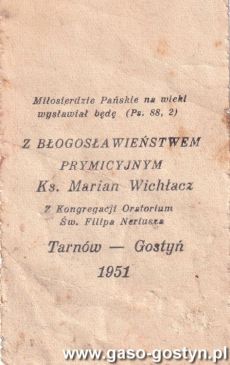 1330.Pamiatka prymicji ksiedza Mariana Wichlacza COr z Kongregacji Oratorium Sw. Filipa Neriusza (Tarnow-Gostyn, 1951 r.)