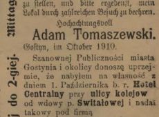 1334.Informacja o zmianie wlasciciela Hotelu Centralnego w Gostyniu w „Gostyner Kreisblatt” (1910 r.)