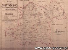 1382.Mapa powiatu gostynskiego z 1945 roku z zaznaczonymi jednostkami Ochotniczej Strazy Pozarnej, sikawek konnych i motopomp