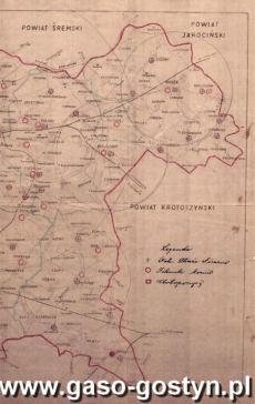 1382.Mapa powiatu gostynskiego z 1945 roku z zaznaczonymi jednostkami Ochotniczej Strazy Pozarnej, sikawek konnych i motopomp