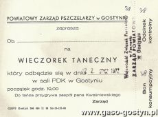 1398.Zaproszenie na wieczorek taneczny zorganizowany przez Powiatowy Zarzad Pszczelarzy w Gostyniu (1972.)