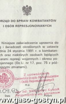 1400.Zaswiadczenie o uprawnieniach kombatantow i osob represjonowanych (1993 r.)