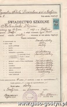 1402.Swiadectwo Prywatnej Szkoly Powszechnej III stopnia w Gostyniu (1939 r.)