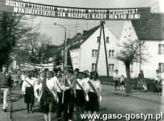 1411.Uczniowe Szkoly Podstawowej nr 3 w Gostyniu w pochodzie pierwszomajowym-klasa sztandarowa VIIIa (ulica Dzierzynskiego,1986 r.)