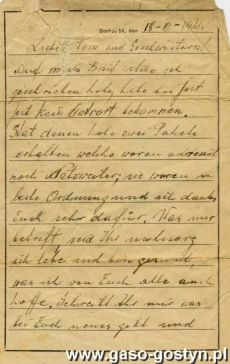 1414.List wyslany przez Franciszka Lenarczyka wieznia obozu koncentracyjnego w Dachau do rodziny w Dusinie (18 listopada 1944 r.)