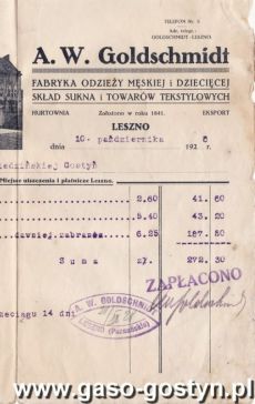 1432.Rachunek wystawiony przez A.W. Goldschmidt Fabryka Odziezy Meskiej i Dzieciecej Sklad Sukna i Materialow Tekstylowych w Lesznie dla M.Niedzwiedzinskiej z Gostynia (10 pazdziernik 1928 r.)