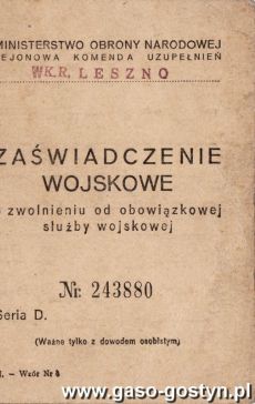 1435.Zaswiadczenie wojskowe o zwolnieniu od obowiazkowej sluzby wojskowej (1954 r.)