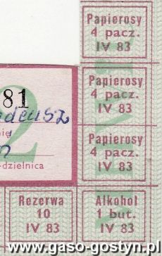 1442.Kartka reglamentacyjna uprawniajaca do zakupu papierosow i alkoholu (1983 r.))