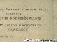 1448.Podziekowanie za nadeslane zyczenia z okazji slubu (Gostyn, 1948 r.)